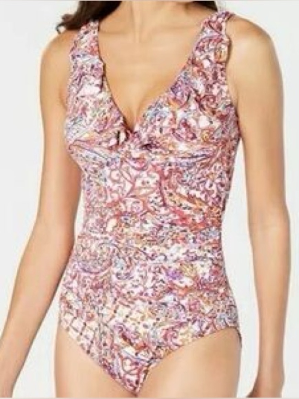 Ralph Lauren Pink Paisley Scoop V-Neck One-Piece Swimsuit